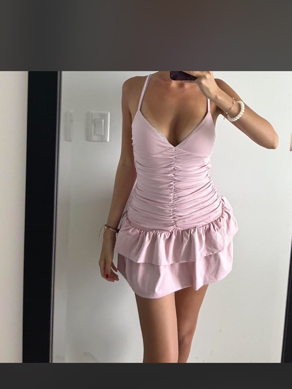 Edikted Pale Pink Ruched Ruffle Mini Dress